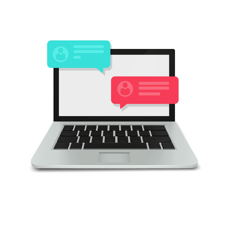 Modern laptop with blank screen and chat bubbles. Online support and communication concept. Vector illustrationのイラスト素材