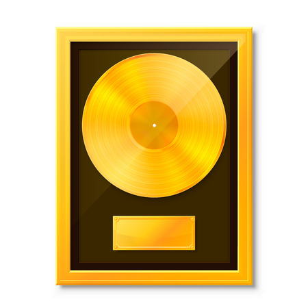 Golden vinyl in frame on wall, Collection disc, template design element, Vector illustrationのイラスト素材