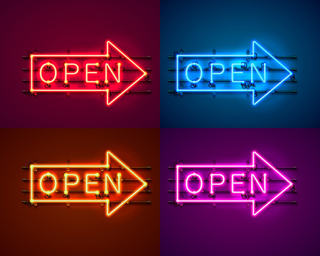 Neon arrow sign with text open, entrance is available color set. Vector illustrationのイラスト素材