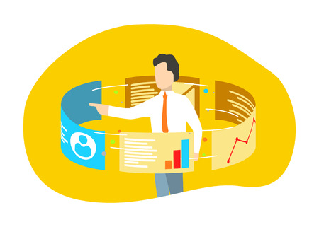 Businessman stand around touch screen monitors. Data analytics and web technologies concept. Vector illustrationのイラスト素材