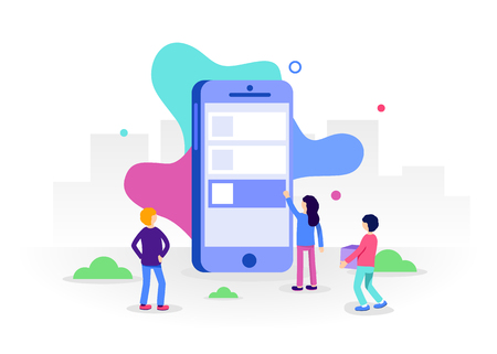 Development of mobile apps concept. Small people characters stand near big smartphone and develop mobile apps. Trendy flat style. Vector illustration.のイラスト素材
