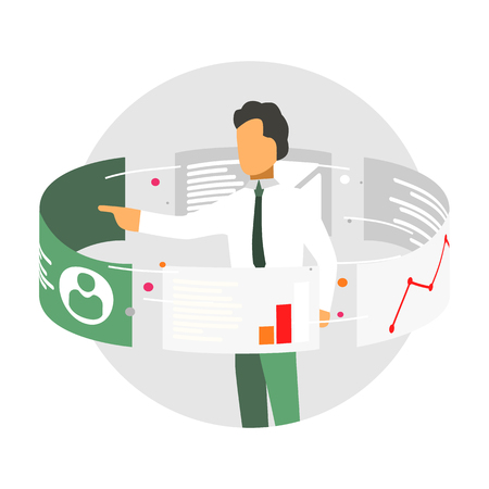 Businessman stand around touch screen monitors. Data analytics and web technologies concept. Vector illustrationのイラスト素材