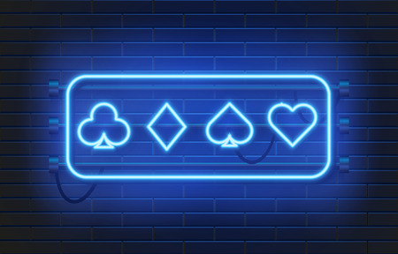 Neon lamp casino banner on wall background. Poker or blackjack card games sign. Las Vegas concept. Vector illustration.のイラスト素材