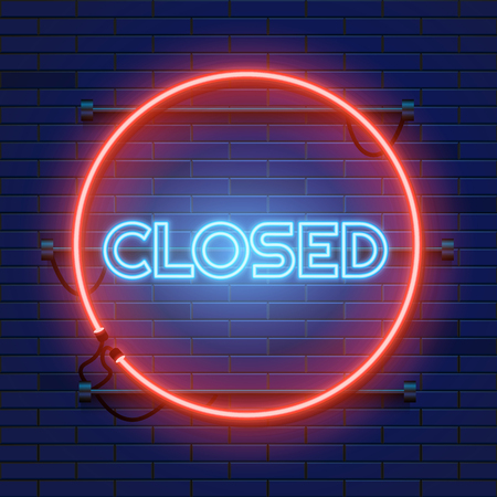 Neon closed sign in circle shape on a brick wall background. Vector illustration.のイラスト素材