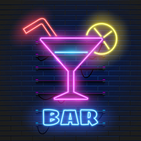 Neon cocktails bar sign on dark brick wall background. Glowing gas advertising with glasses of alcohol shake. Drinking canteen banner. Night club invitation. Vector illustration.のイラスト素材
