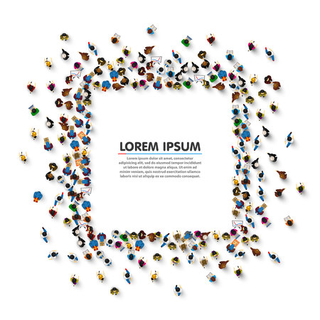 A group of people in a shape of frame banner, isolated on white background. Vector illustrationのイラスト素材