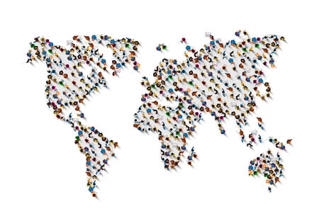 Crowd of people in the form of world map on white background . Vector illustrationの写真素材