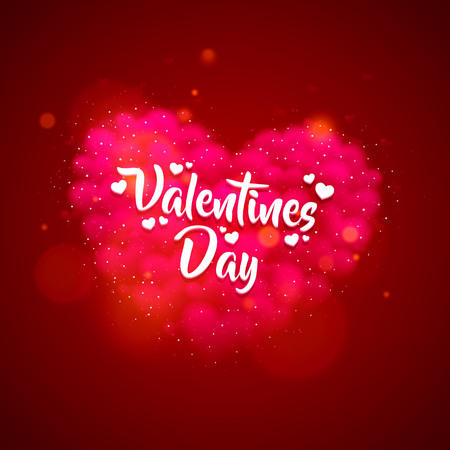 Happy Valentines Day greeting postcard. A pink heart made of small hearts with a white title on it. Vector illustration.の写真素材