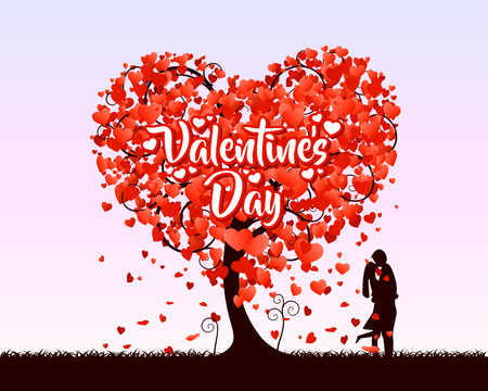 Happy Valentines day heart tree love cover, on a white background with. Vector illustration.のイラスト素材