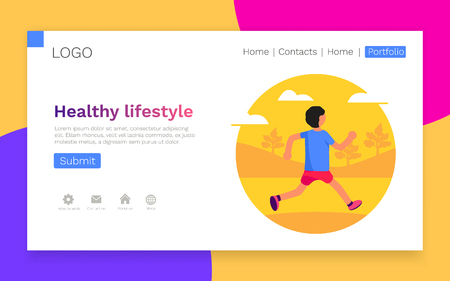 Healthy lifestyle. Man running in park. Banner, site, poster template. Landing webpage concept. Vector illustrationのイラスト素材