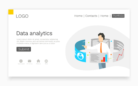 Businessman stand around touch screen monitors. Data analytics and web technologies concept. Landing page web site template. Vector illustrationの写真素材
