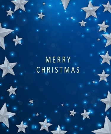 Christmas and New Years blue background with frame made of cutout paper stars. Merry christmas concept. Vector illustrationのイラスト素材