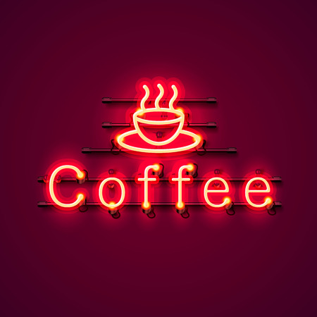 Neon coffee text icon signboard on the red background. Vector illustrationのイラスト素材