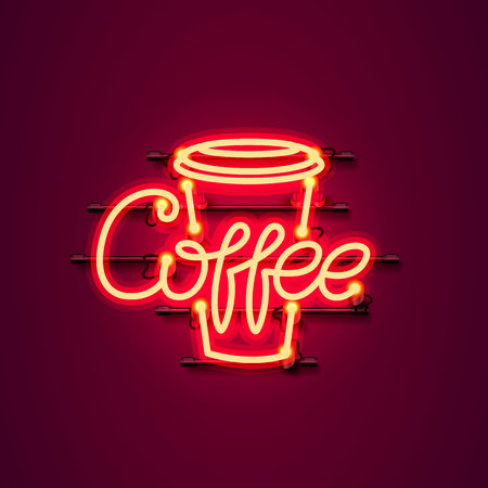 Neon coffee text icon signboard on the red background. Vector illustrationのイラスト素材