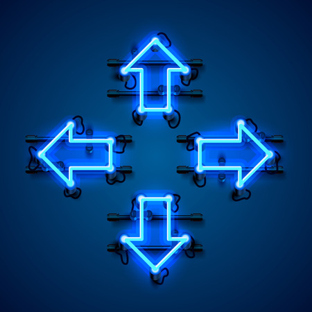 Neon arrow up, down, left and right on the blue background. Vector illustration