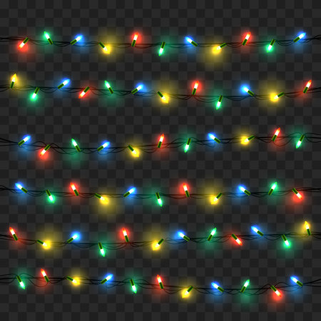Glowing lights for Xmas Holiday greeting card design. Christmas lights isolated realistic design elements . Garlands on white background vector illustrationのイラスト素材