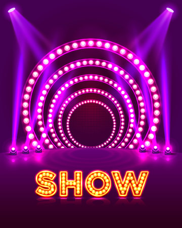 Show light podium purple background. Vector illustrationのイラスト素材