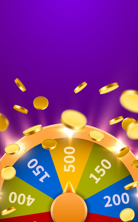 Wheel Of Fortune with falling coins. Gamble chance leisure. Colorful gambling wheel. Jackpot prize concept background. Vector Illustrationの写真素材