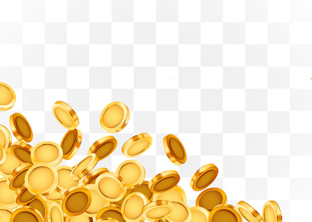 Falling coins, falling money, flying gold coins, golden rain on transparent background. Jackpot or success concept. Vector illustrationのイラスト素材