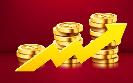 Growing stack of golden dollar coins with rising arrow isolated on white background. Economics concept. Vector illustrationのイラスト素材