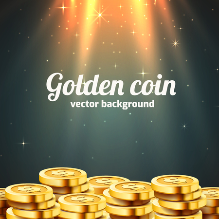 A lot of coins with light beam. Jackpot or success concept. Modern background. Vector illustrationのイラスト素材