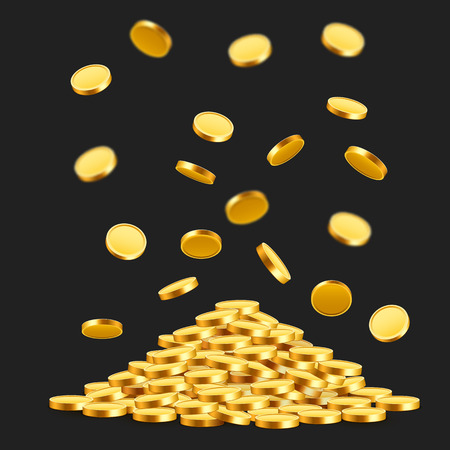 Falling coins, falling money, flying gold coins, golden rain. Jackpot or success concept. Modern background. Vector illustrationのイラスト素材