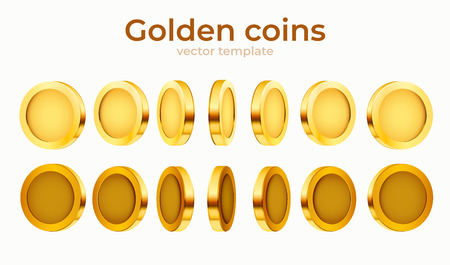 3d gold isolated coins set. Different positions. Flying gold coins, golden rain background. Jackpot or success concept.のイラスト素材