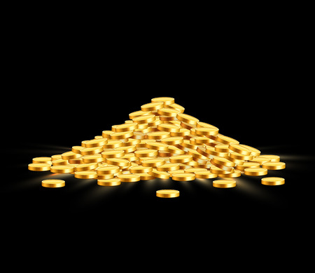 Gold shiny coins with star signs in heap. Big bunch of old metal money. Precious expensive treasure. Vector illustrationのイラスト素材