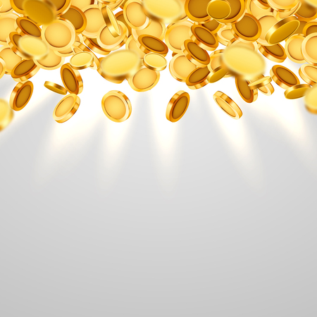 Falling coins, falling money, flying gold coins, golden rain. Jackpot or success concept. Modern background. Vector illustrationのイラスト素材