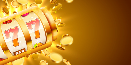 Golden slot machine with flying golden coins wins the jackpot. Big win concept.のイラスト素材