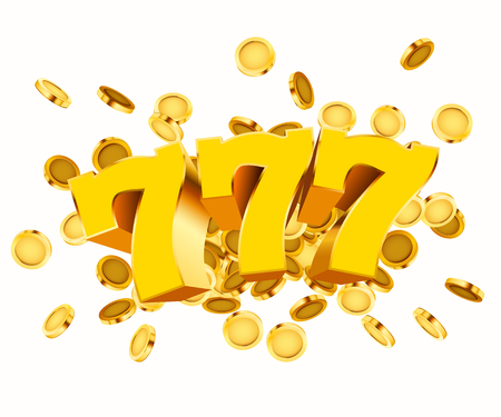 Golden slot machine 777 with flying golden coins wins the jackpot. Big win concept.のイラスト素材