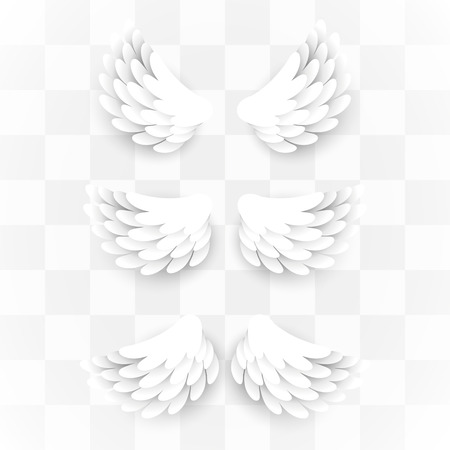 Artificial white paper wings set on transparent background. Vector illustrationのイラスト素材