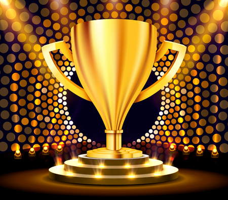 Realistic Golden Trophy on round podium with white carpet illuminated with spotlight. Award ceremony concept. Stage backdrop. Vector illustrationのイラスト素材