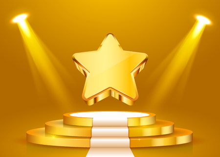 Stage podium with lighting, Stage Podium Scene with for Award Ceremony on purple Background. Vector illustrationのイラスト素材