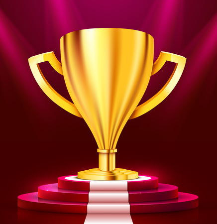 Realistic Golden Trophy on round podium with white carpet illuminated with spotlight. Award ceremony concept. Stage backdrop. Vector illustrationのイラスト素材