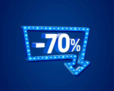Banner 70 off with share discount percentage, neon signboard arrow. Vector illustrationのイラスト素材