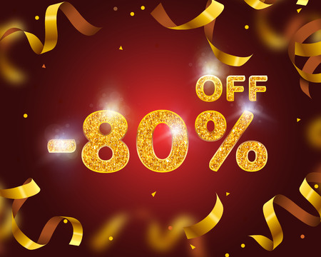 Banner 80 off with share discount percentage, Gold Ribbon Fly. Vector illustrationのイラスト素材