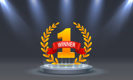 Stage podium with lighting, Stage Podium Scene with for Award Ceremony on Night Background, Vector illustrationのイラスト素材