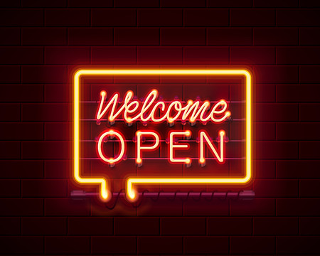 Neon welcome open signboard on the brick wall background. Vector illustrationのイラスト素材