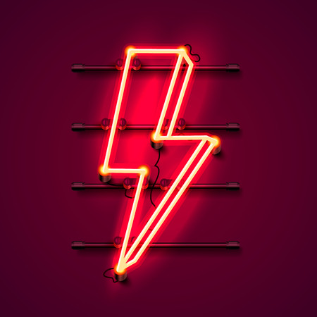 Neon sign of lightning signboard on the red background. Vector illustrationのイラスト素材