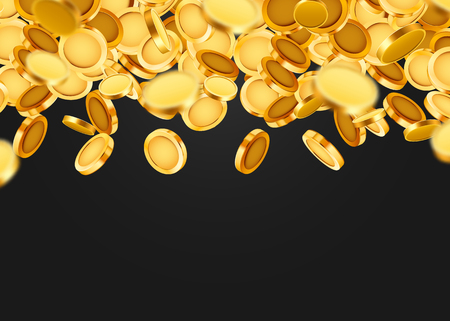 Falling coins, falling money, flying gold coins, golden rain. Jackpot or success concept. Modern background. Vector illustrationのイラスト素材
