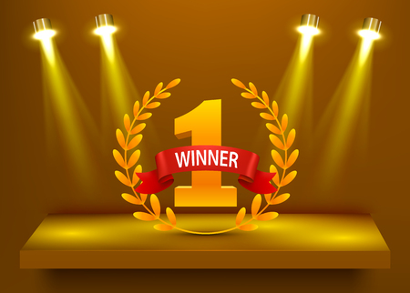 Stage podium with lighting, Stage Podium Scene with for Award Ceremony on golden Background. Vector illustrationのイラスト素材