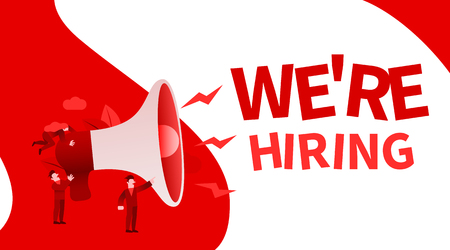Small cartoon people with megaphone banner. We are hiring. Employer concept. Vector illustrationのイラスト素材