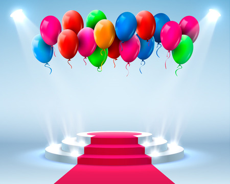 Stage podium with lighting and Balloons, Stage Podium Scene with for Award Ceremony on blue Background, Vector illustrationのイラスト素材