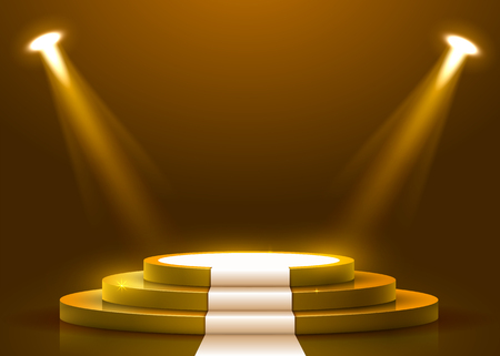 Abstract round podium with white carpet illuminated with spotlight. Award ceremony concept. Stage backdrop. Vector illustrationのイラスト素材