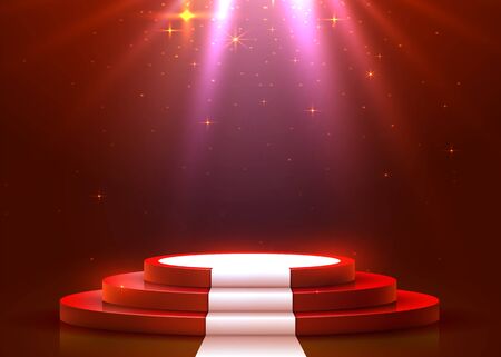 Abstract round podium with white carpet illuminated with spotlight. Award ceremony concept. Stage backdrop. Vector illustrationのイラスト素材