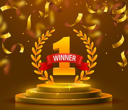 Stage podium with lighting and confetti, Stage Podium Scene with for Award Ceremony on yellow Background. Vector illustrationのイラスト素材