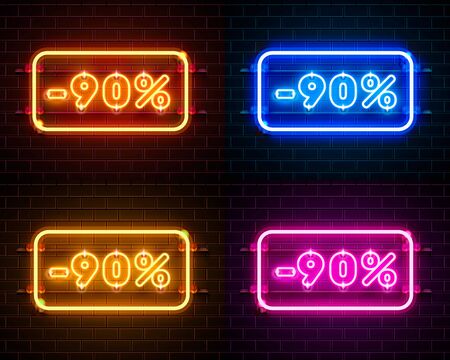Neon 90 off text banner color set. Night Sign.のイラスト素材