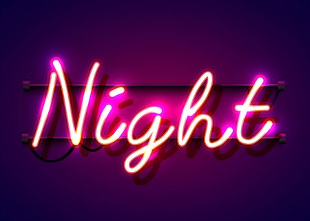 Neon sign, the word Night on dark background. Night life Background for your design, greeting card, banner. Vector illustrationのイラスト素材