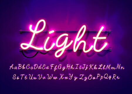 Neon tube hand drawn alphabet font. Script type letters on a dark background. Vector typeface for labels, titles or posters. Vector illustrationのイラスト素材